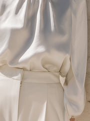 Elegant High-Neck Satin Blouse with Lace Trim