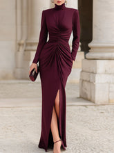 Ruched High-Neck Evening Gown With Front Slit