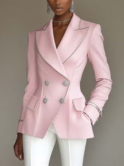 Pink Blazer With Silver Trim And Double-breasted Buttons