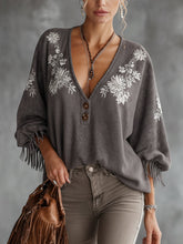 Gray Suede Embroidered Fringe Loose Blouse