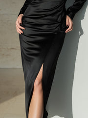 Elegant Satin Black Midi Dress With Side Slit And Puff Sleeves