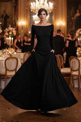 Draped Long Sleeve Maxi Dress in Black