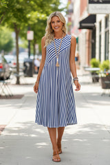 Striped Sleeveless Midi Dress in Blue