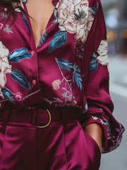 Vibrant Floral Print Burgundy Satin Blouse