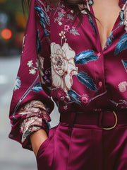 Vibrant Floral Print Burgundy Satin Blouse