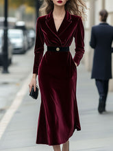 Classic Long-Sleeve Velvet Dress with Gold Accents