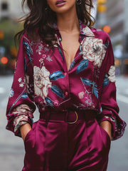 Vibrant Floral Print Burgundy Satin Blouse