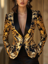Opulent Black and Gold Blazer with Baroque Floral Printed