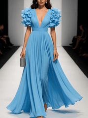 24-Hour-Shipping Ruffled Short-Sleeve V-Neck Chiffon Maxi Dress