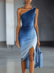 24-Hour-Shipping One Shoulder With Irregular Bottom Denim Midi Dress