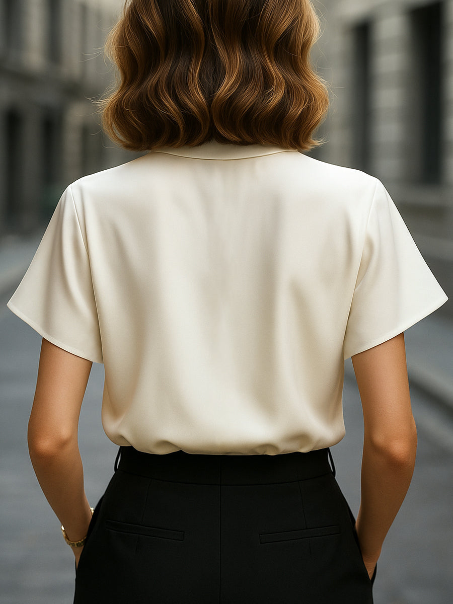 Asymmetric Buttoned Satin Blouse with Cutout Collar Detail