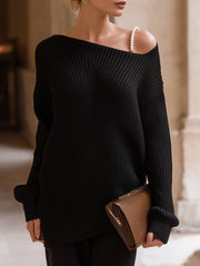 Off-Shoulder Pearl Strap Oversized Knit Sweater