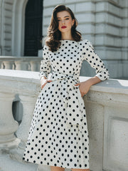 White Polka Dot Midi Dress With Bow Waist Detail