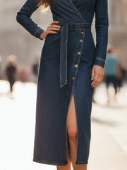 Denim Wrap Midi Dress With Belt And Front Slit