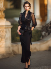Sheer-Drape Waist-Tie Evening Dress