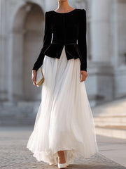 Black Velvet Peplum Top And White Chiffon Maxi Skirt Elegant Two-Piece Set