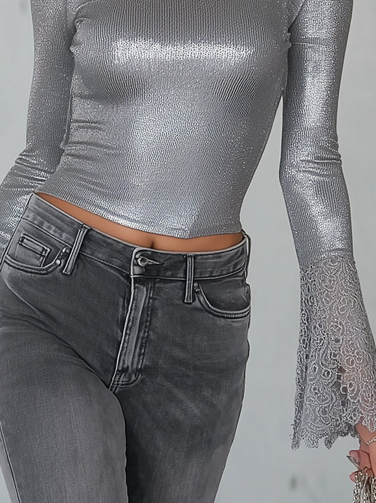 Silver Cold Shoulder Lace Cuff High Neck Shirt