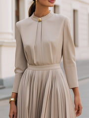 Pleated Midi Dress With Statement Button