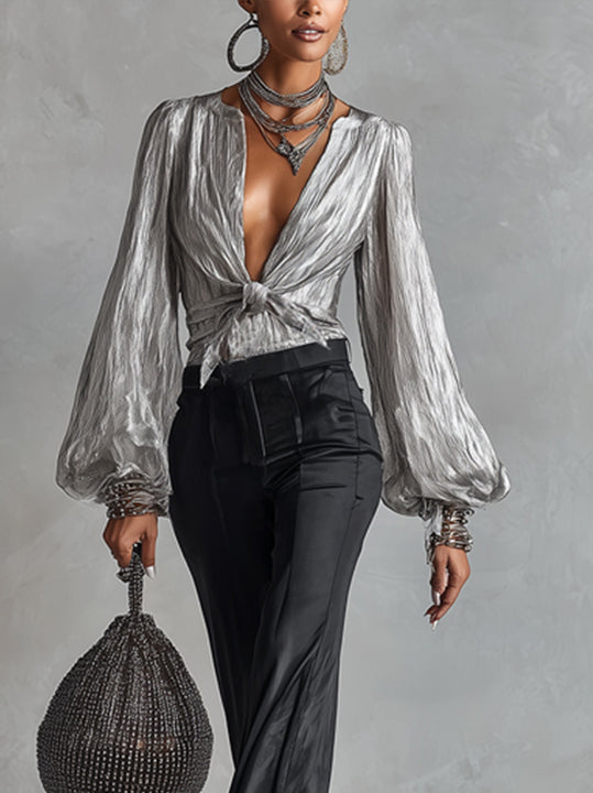 Metallic Silver Deep V-Neck Blouse With Puff Sleeves And Front Tie