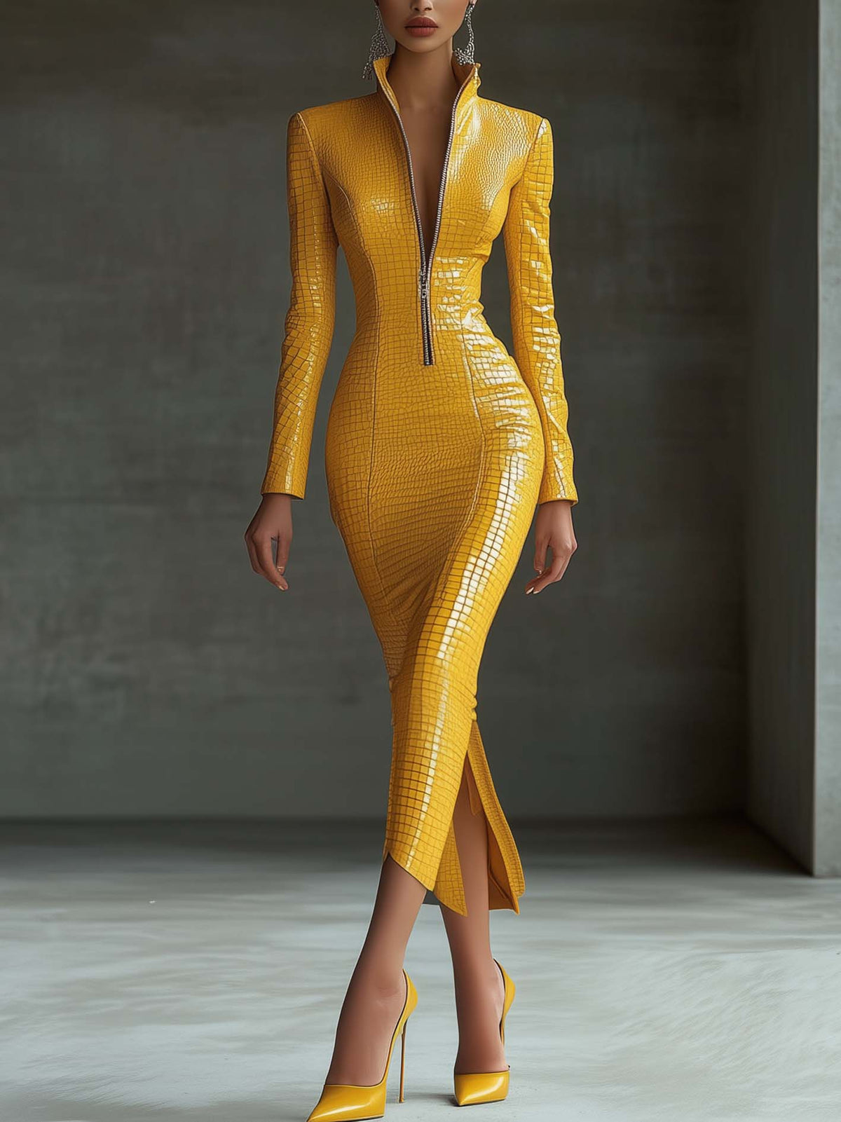 Stylish Yellow Textured Faux Leather Midi Bodycon Dress With Zipper