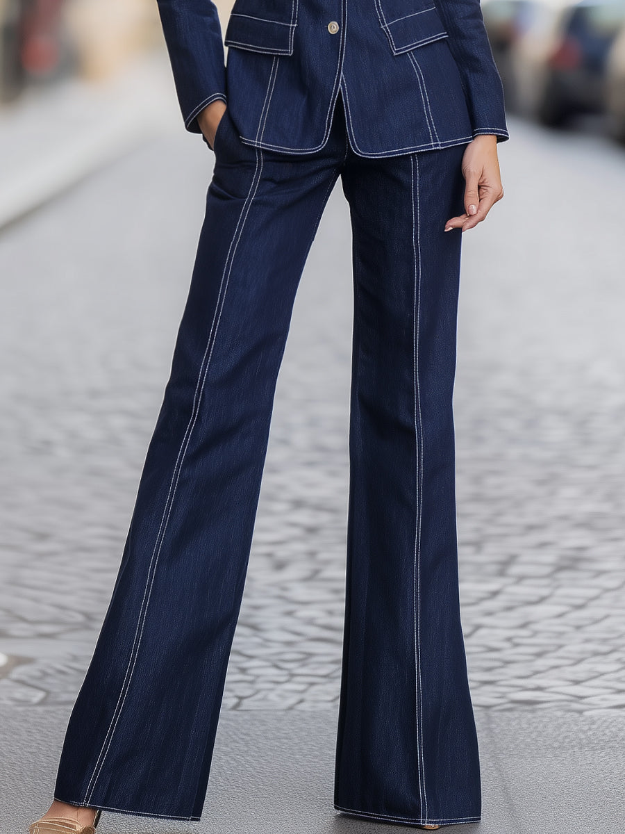 Tailored Denim Blazer And Flared Trousers Set