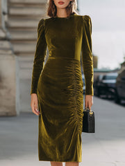 Elegant Olive Green Velvet Puff-Sleeve Ruched Midi Dress