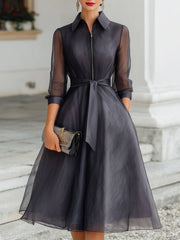 Elegant Belted Midi Dress With Sheer Structured Bodice