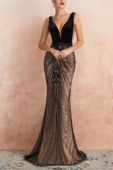 Mermaid Deep V Neck Black Long Prom Dress with Open Back