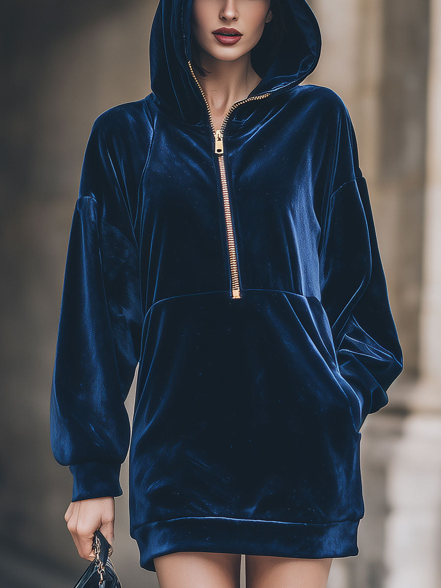 Luxe Navy Velvet Half-Zip Hooded Mini Dress