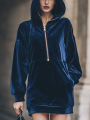 Luxe Navy Velvet Half-Zip Hooded Mini Dress