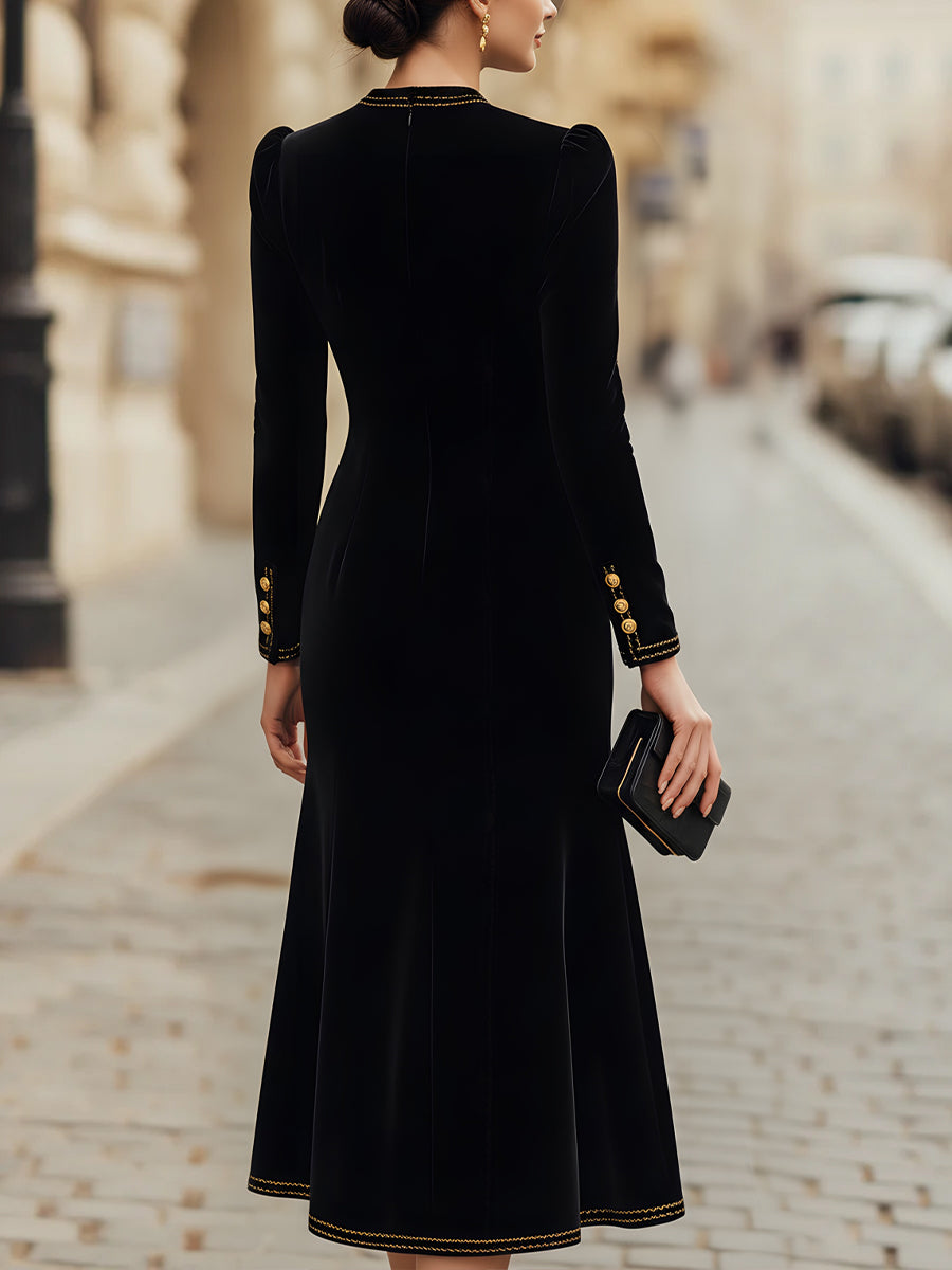 Velvet Gold-Trim Buttoned Midi Dress