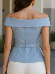 Elegant Off-Shoulder  Belted Blazer Top