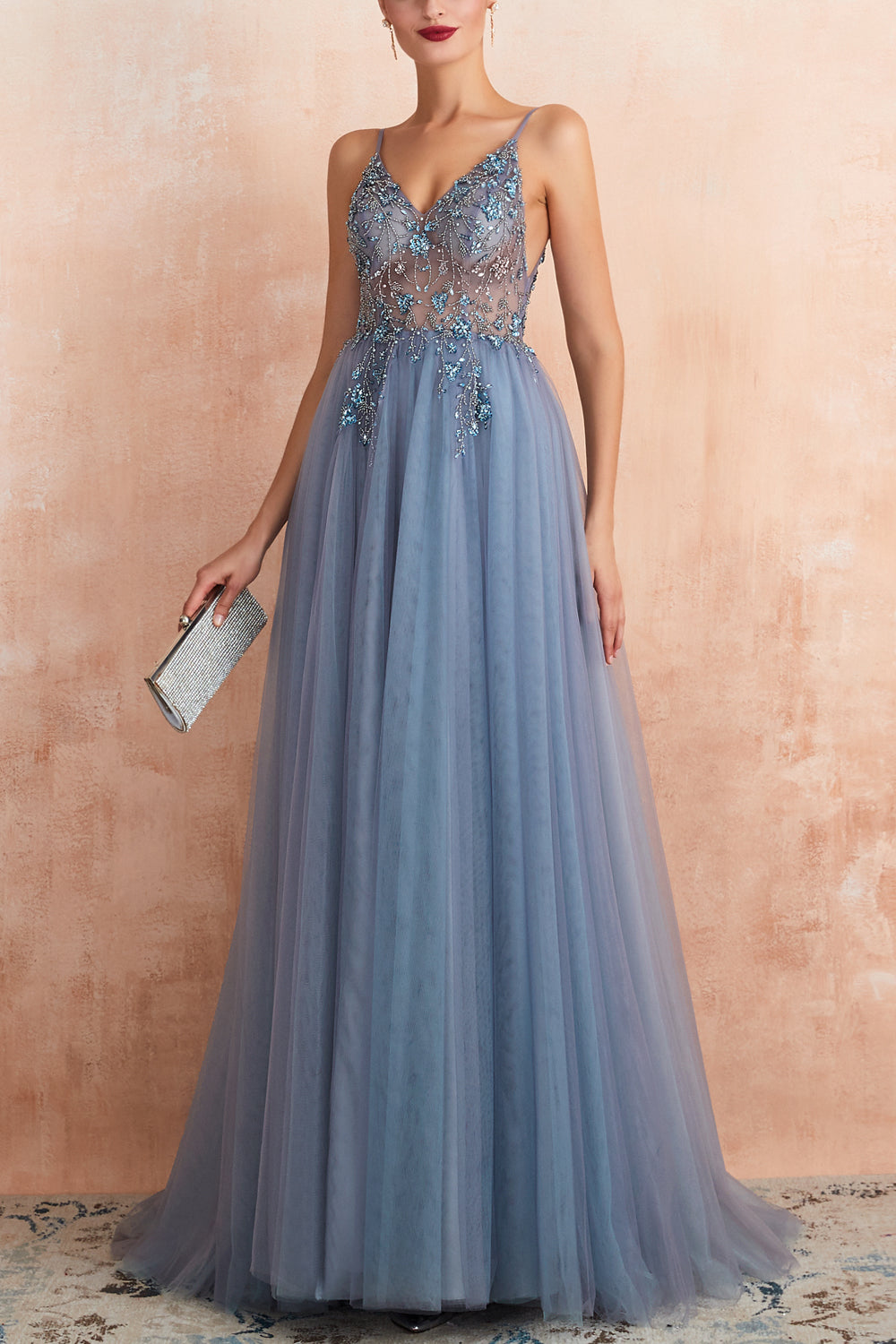 Blue A Line Spaghetti Straps Slit Tulle Prom Dress with Slit