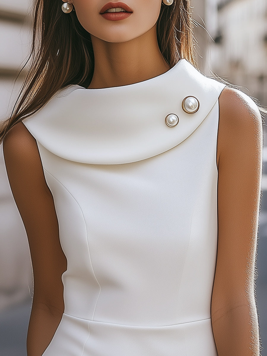 Chic Fold-Over Collar Sleeveless Satin Dress