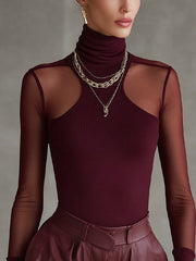 Red Sheer Mesh Panel High Neck Bodysuit T-shirt