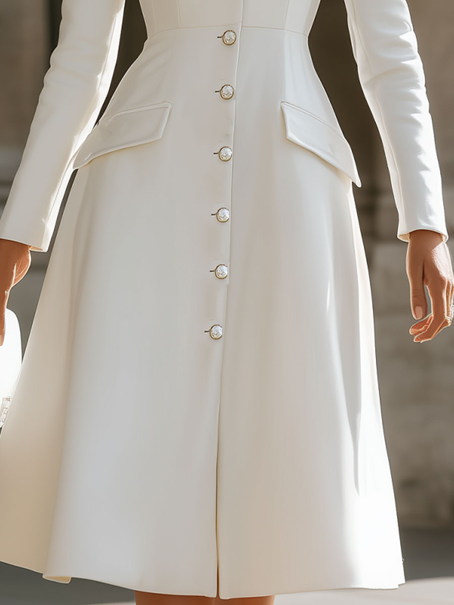 Elegant White Button-Front A-Line Dress By Mooyius