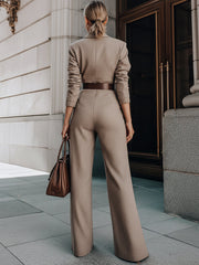Taupe Belted Blazer Jumpsuit With Wide-Leg Silhouette