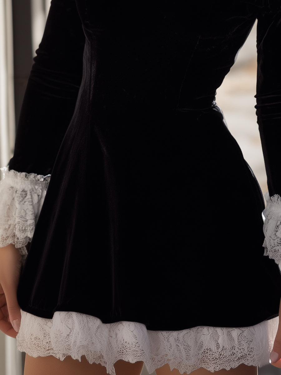 Vintage Elegance: Black Velvet Mini Dress With Lace Trims