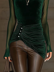 Green Velvet Mesh Asymmetric Ruched Shirt