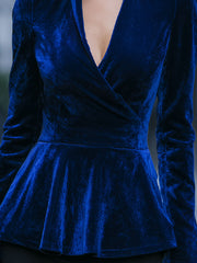 Royal Blue Velvet Wrap-Front Peplum Blouse