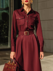 Burgundy Belted Long-Sleeve Shirt Midi Dress