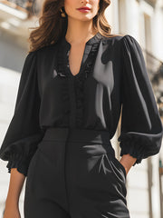 Ruffled V-Neck Blouse With Gathered Lantern Sleeves