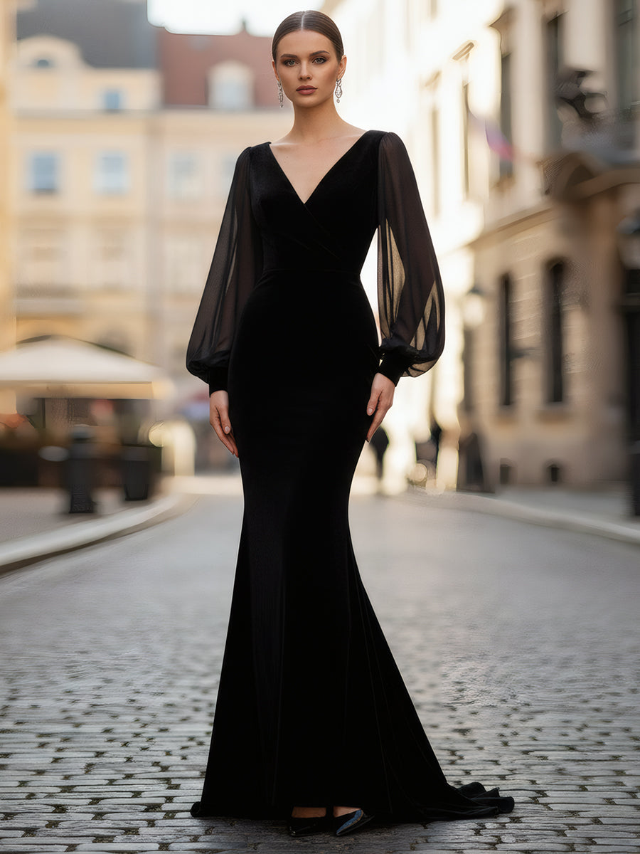 Sheer-Sleeve V-Neck Velvet Mermaid Gown