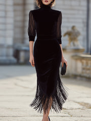 Elegant High-Neck Fringe Hem Evening Dress