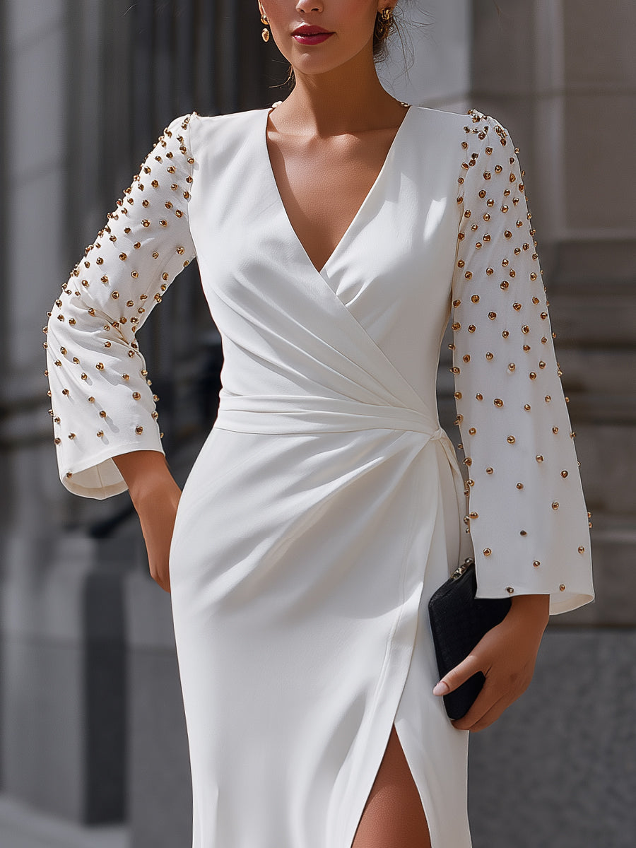 Embellished Sleeve Wrap Evening Gown