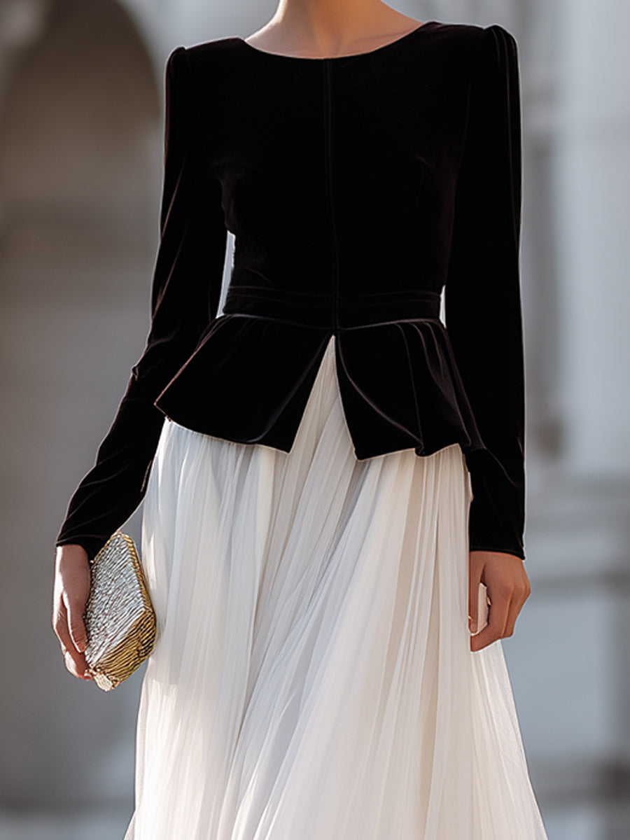 Black Velvet Peplum Top And White Chiffon Maxi Skirt Elegant Two-Piece Set