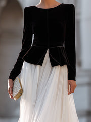 Black Velvet Peplum Top And White Chiffon Maxi Skirt Elegant Two-Piece Set