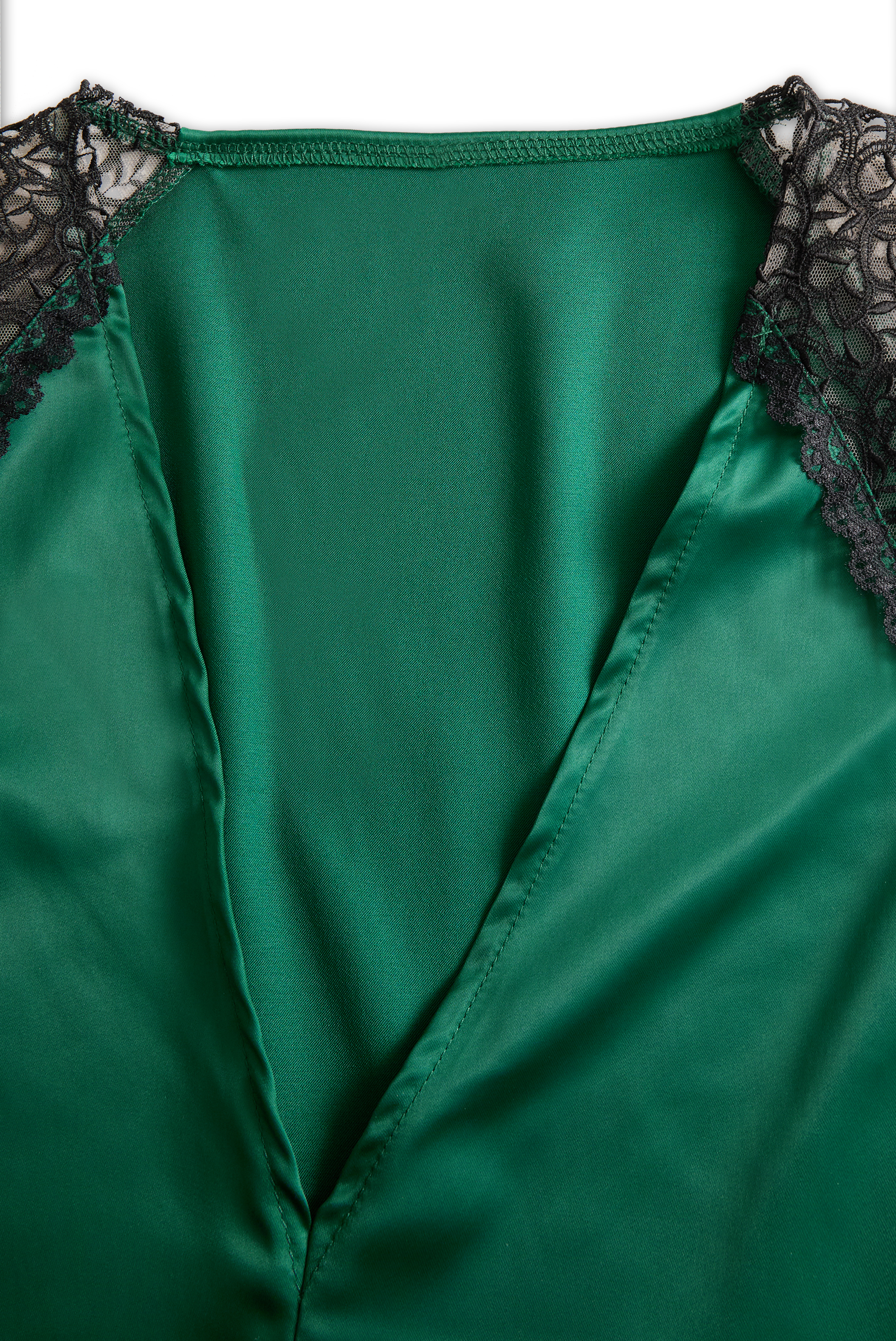 Deep V-Neck Satin Blouse with Lace Details - Emerald Allure