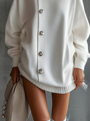 White Oversized Buttoned Turtleneck Sweater Dress