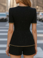 Elegant Tweed Shorts Set With Gold Chain Trim (Top And Shorts Only)